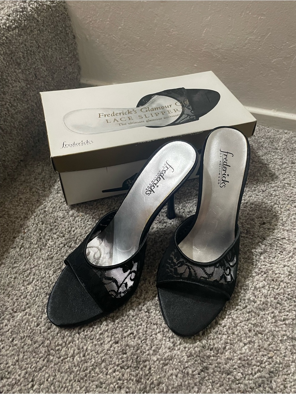 Fredrick’s Of Hollywood Lace Slip On Mules Glamour Girl Black Stiletto Heels 7M